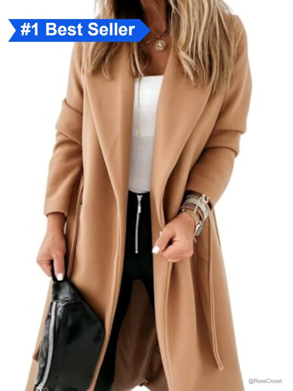 Women's Classic Lapel Collar Open Front Belted Long Trench Coat